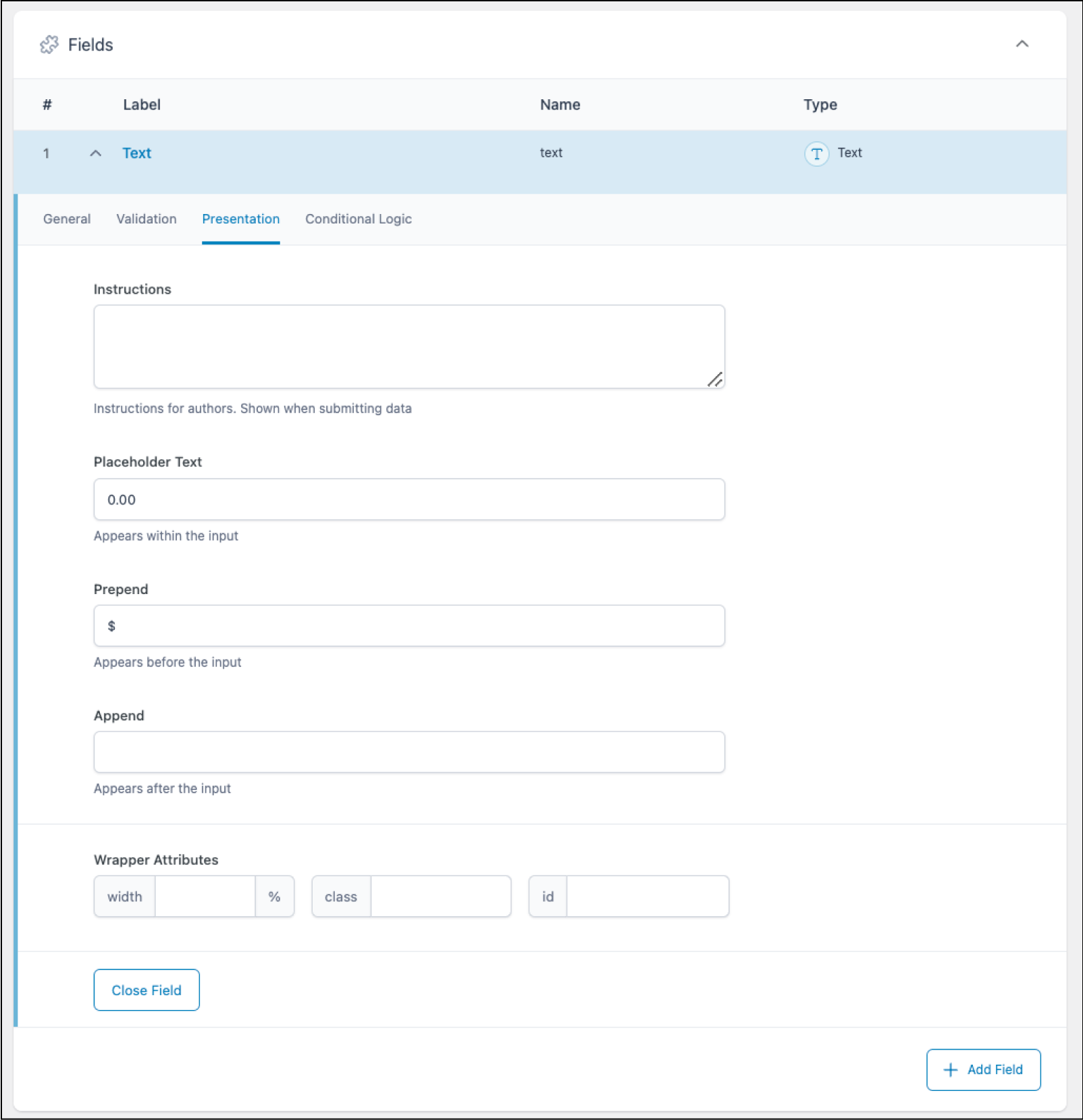The Presentation tab lets you control how the Text field will appear.