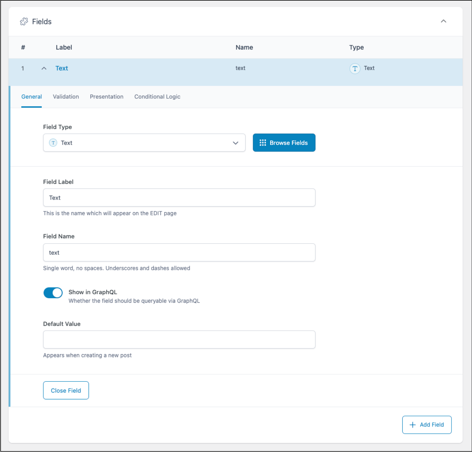 Creating a Text field within an ACF field group.