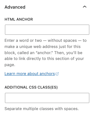 Screenshot of the block editor’s HTML anchor field.