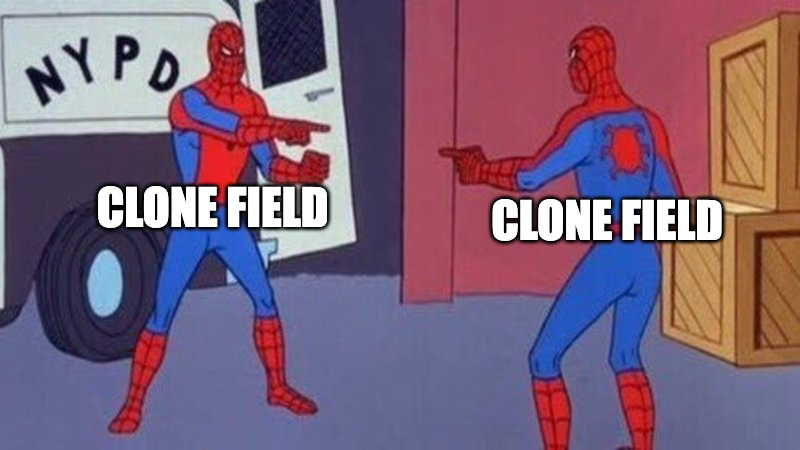 Two Spider-Men pointing at one another. Each has been labeled "Clone Field".