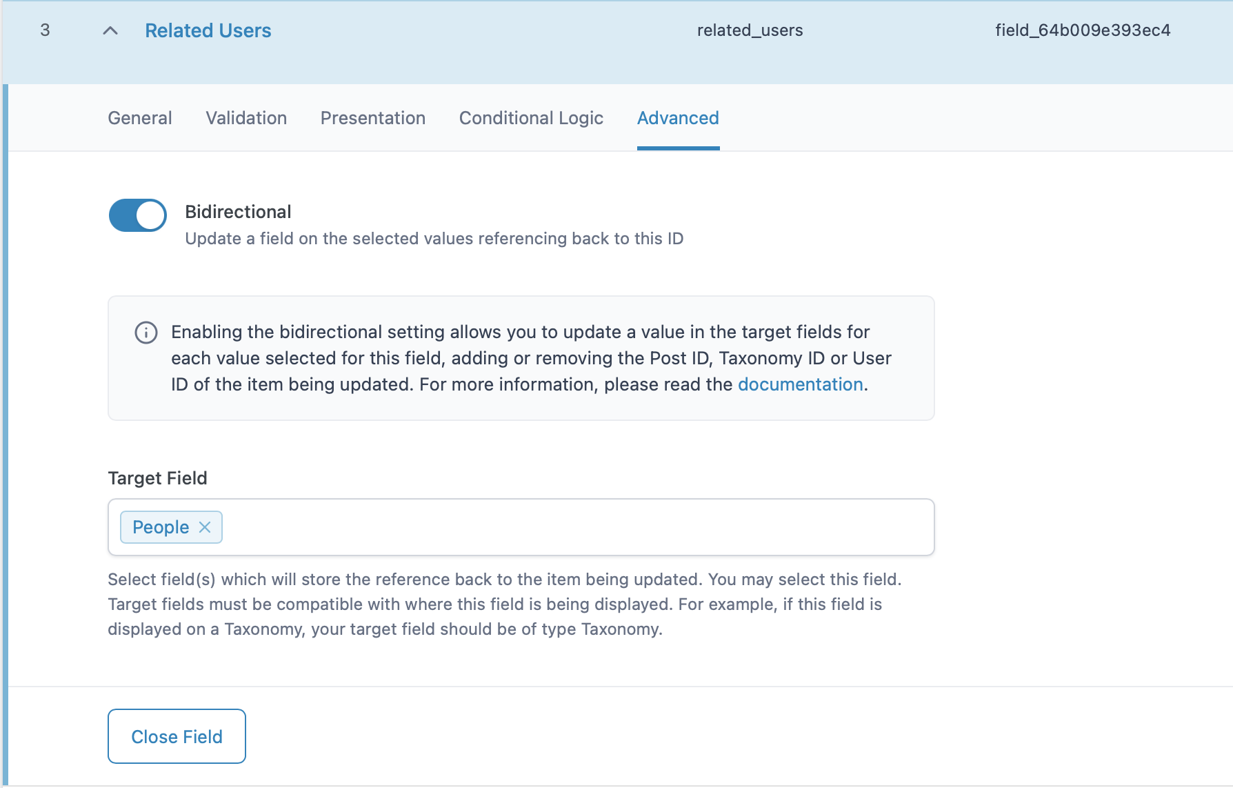 A screenshot demonstrating the new Bidirectional toggle that appears for supported field types