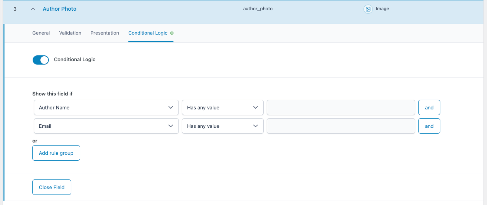 Conditional logic in ACF using multiple rules. In this case, both the “Author Info” field and the Email field must contain a value for the Image field to be displayed.