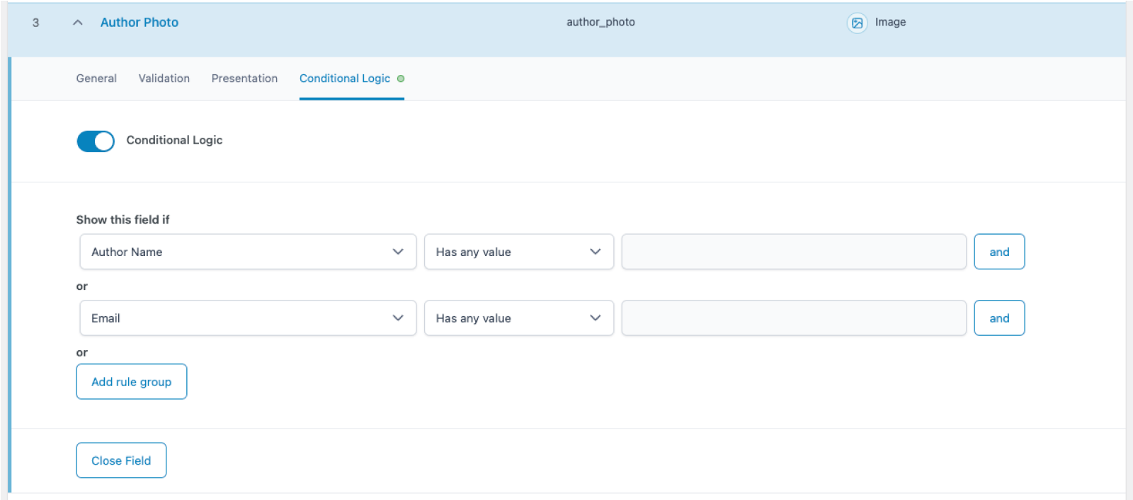 Another view of conditional logic in ACF using multiple rules. In this case, either the “Author Info” field or the Email field must contain a value for the Image field to be displayed. As long as there is a value in at least one of those fields, the Image field will be shown. 