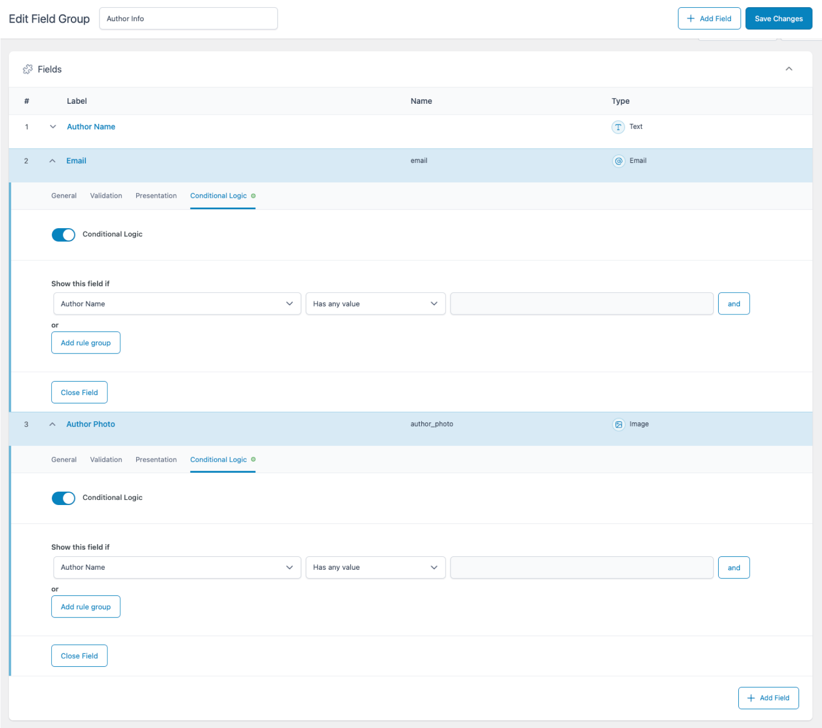 This screenshot shows the field group “Author Info”, which contains three fields: a Text field labeled “Author Name”, an Email field, and an Image field labeled “Author Image.” Conditional logic settings are shown for the Email and Image fields, indicating they will only appear when a value has been entered in the “Author Name” field. 