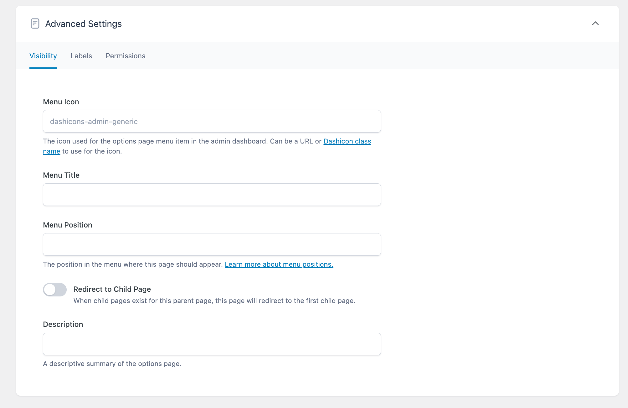 The "Visibility" tab in "Advanced Settings" allows you to change the menu icon used for the options page menu item in the WordPress admin, change the menu title and position, redirect to a child page, and provide a description. The other tabs under "Advanced Settings" are "Labels" and "Permissions".