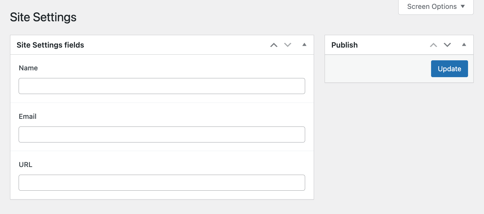 The "Site Settings" options page shows a section labeled "Site Settings fields", with "Name", "Email," and "URL" shown. To the right is an area labeled "Publish" with a single button labeled "Update".