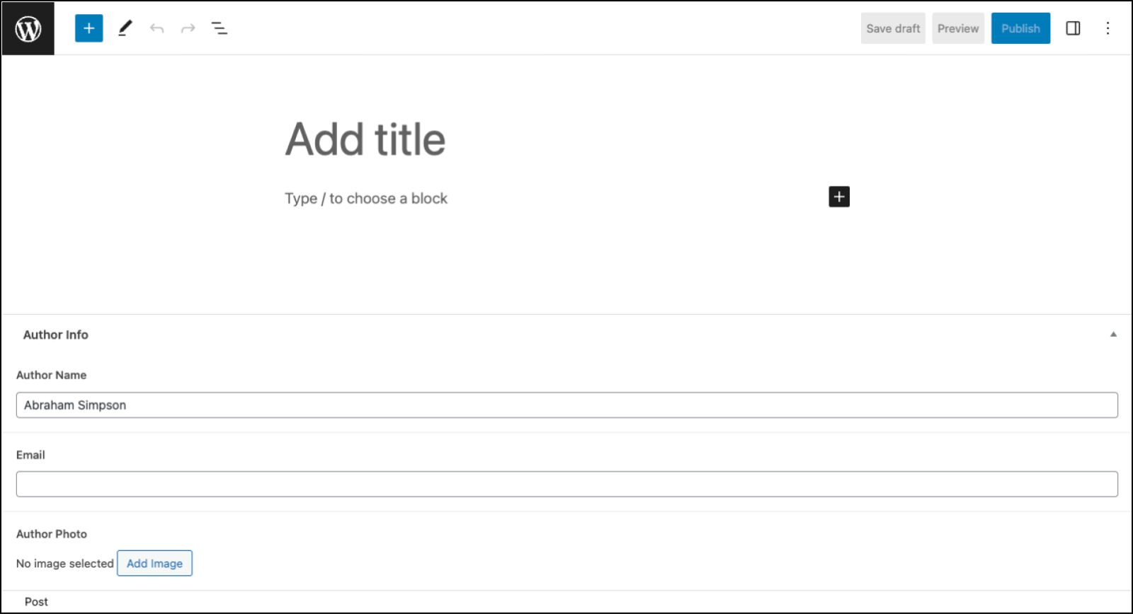 In the second screenshot, a value has been entered for “Author Info”, and the Email and Image fields are now visible and ready to receive input.