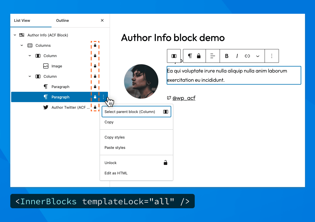 Editor with list view sidebar expanded and showing all nested blocks with a lock icon. The result of having InnerBlock templateLock=all.