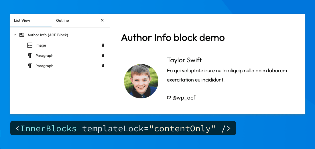 Editor with list view sidebar expanded and showing only nested content blocks with a lock icon. The result of having InnerBlock templateLock=contentOnly.