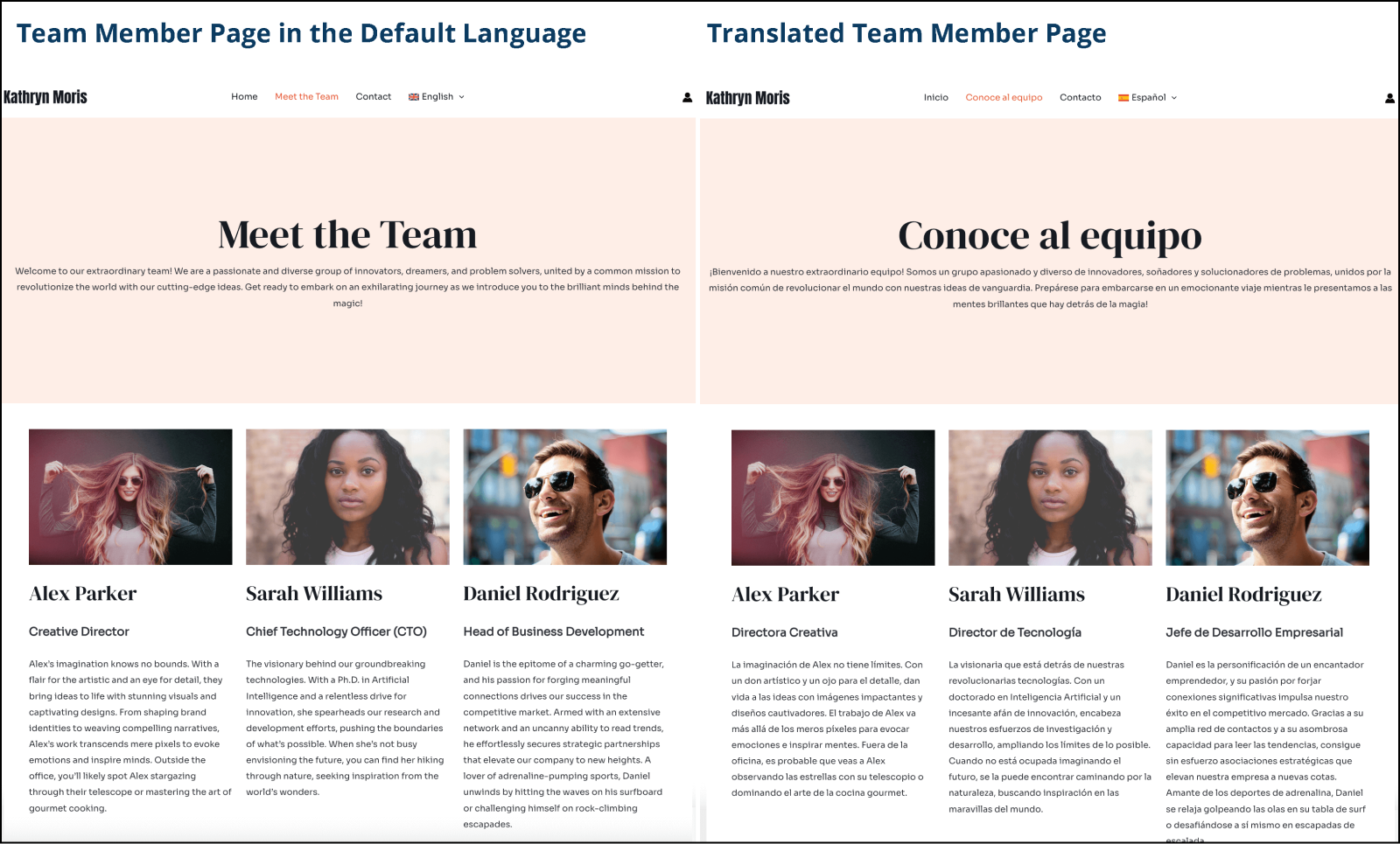 Two views of the "Meet the Team" page after translation. The English version is shown on the left, with the Spanish version on the right. 