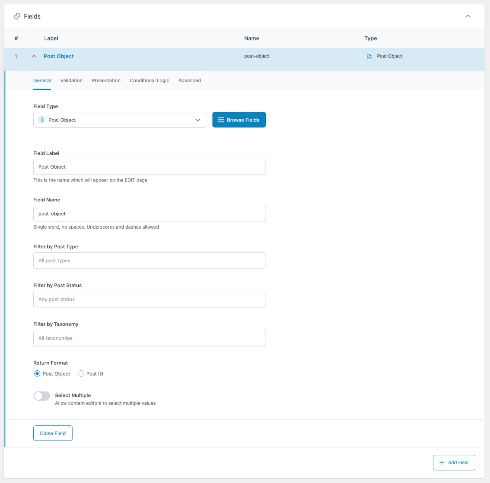 Creating a Post Object field in an ACF field group. The tab shown depicts General settings for the field: Field Type, Field Label, Field Name, Filter by Post Type, Filter by Post Status, Filter by Taxonomy, Return Format, and Select Multiple. The other tabs are Validation, Presentation, Conditional Logic, and Advanced.