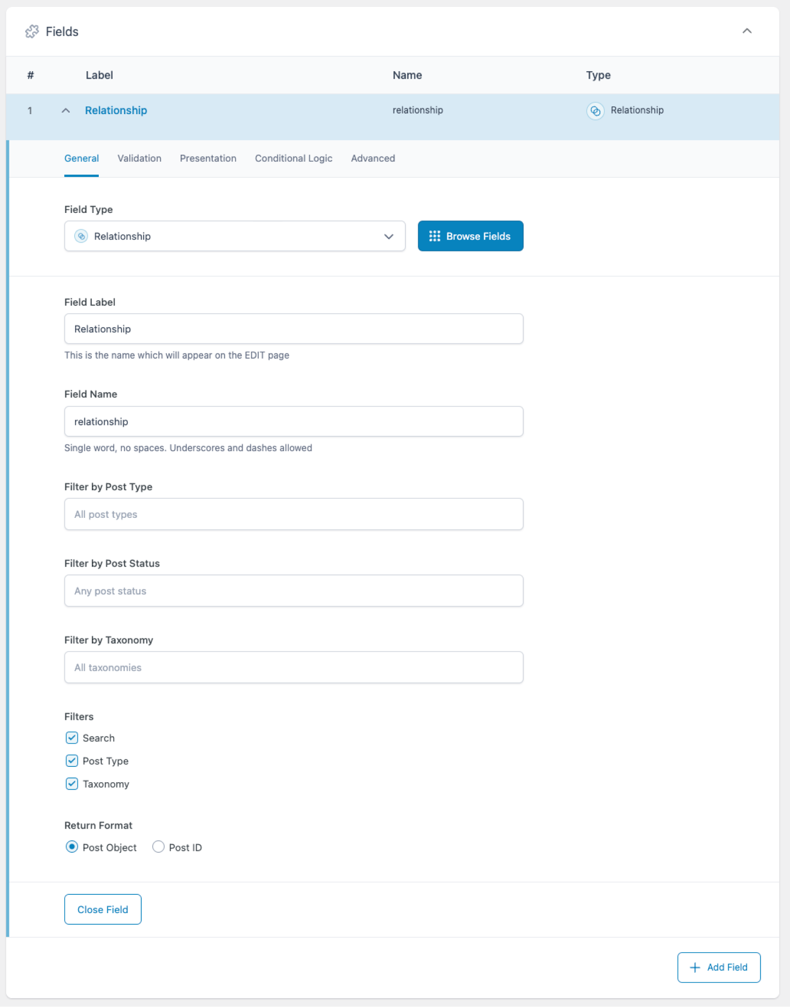 Creating a Relationship field in an ACF field group. The tab shown depicts General settings for the field: Field Type, Field Label, Field Name, Filter by Post Type, Filter by Post Status, Filter by Taxonomy, a set of buttons to select which of the above filters will be used in the component, and Return Format. The other tabs are Validation, Presentation, Conditional Logic, and Advanced.