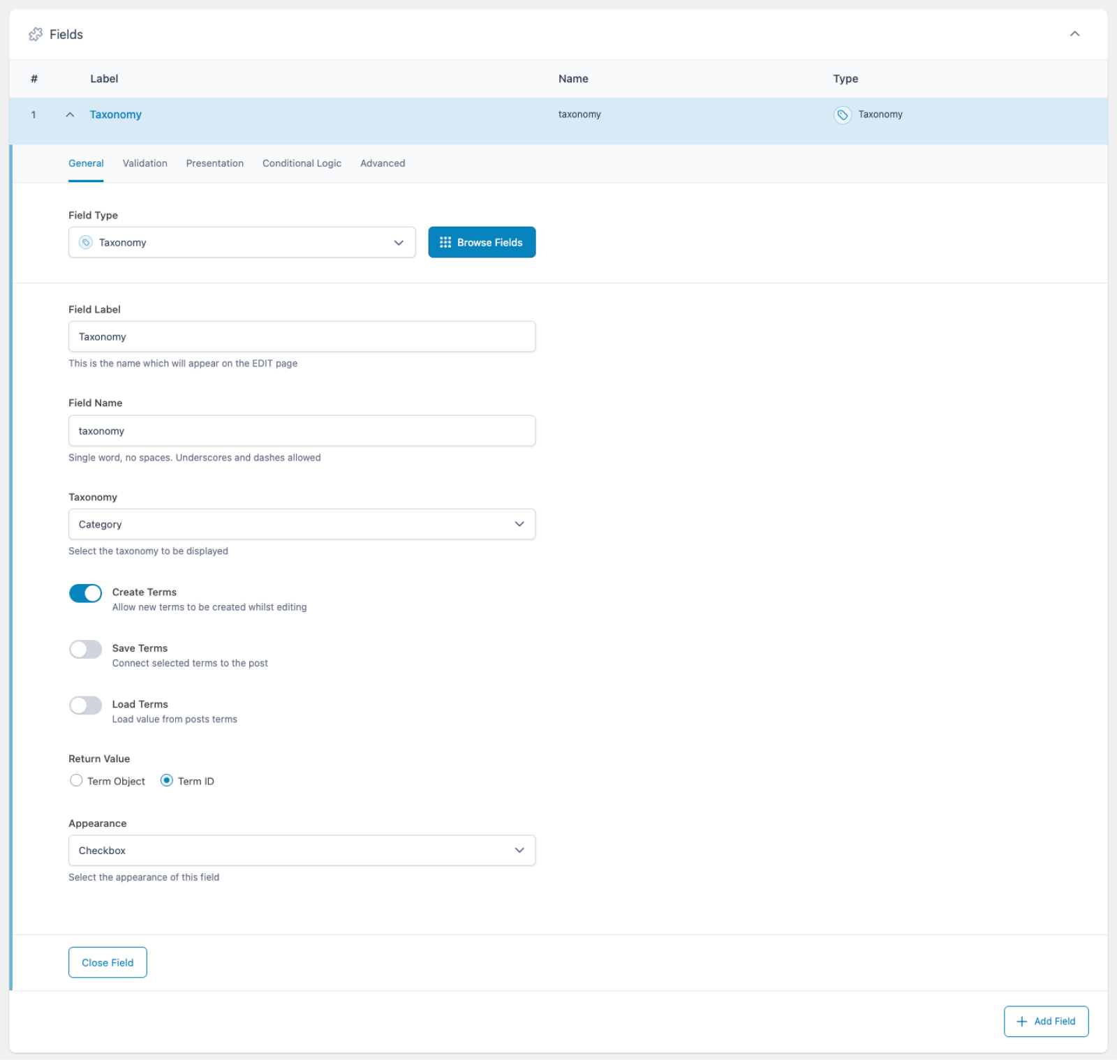 Creating a Taxonomy field in an ACF field group. The tab shown depicts General settings for the field: Field Type, Field Label, Field Name, Taxonomy, Create Terms, Save Terms, Load Terms, Return Value, and Appearance. The other tabs are Validation, Presentation, Conditional Logic, and Advanced.