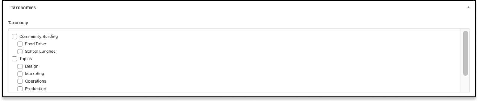 The Taxonomy field UI as it might appear to content editors, in this case showing parent and child categories. 