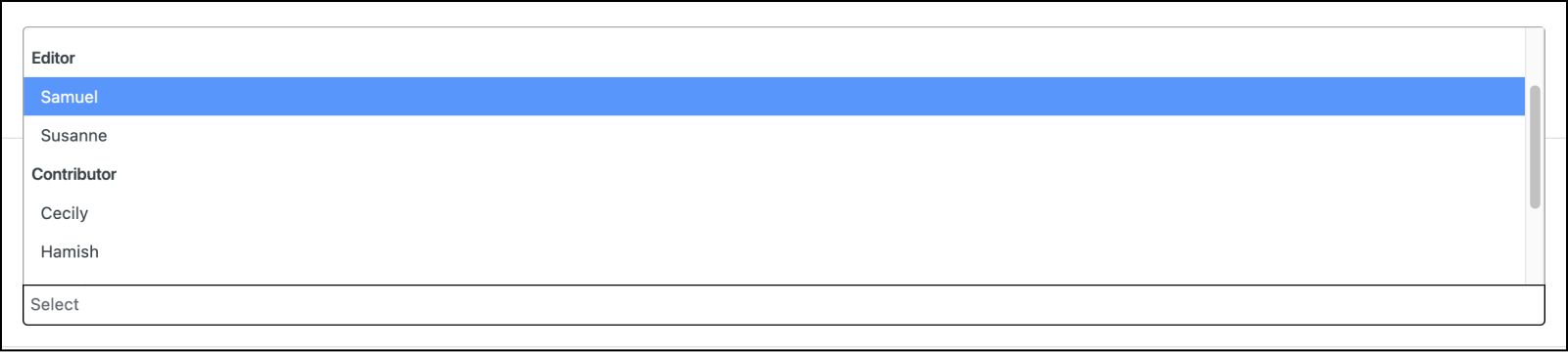 The User field UI as it might appear to content editors, with users sorted by role. The Editor and Contributor roles are showing here, with two entries in each. 