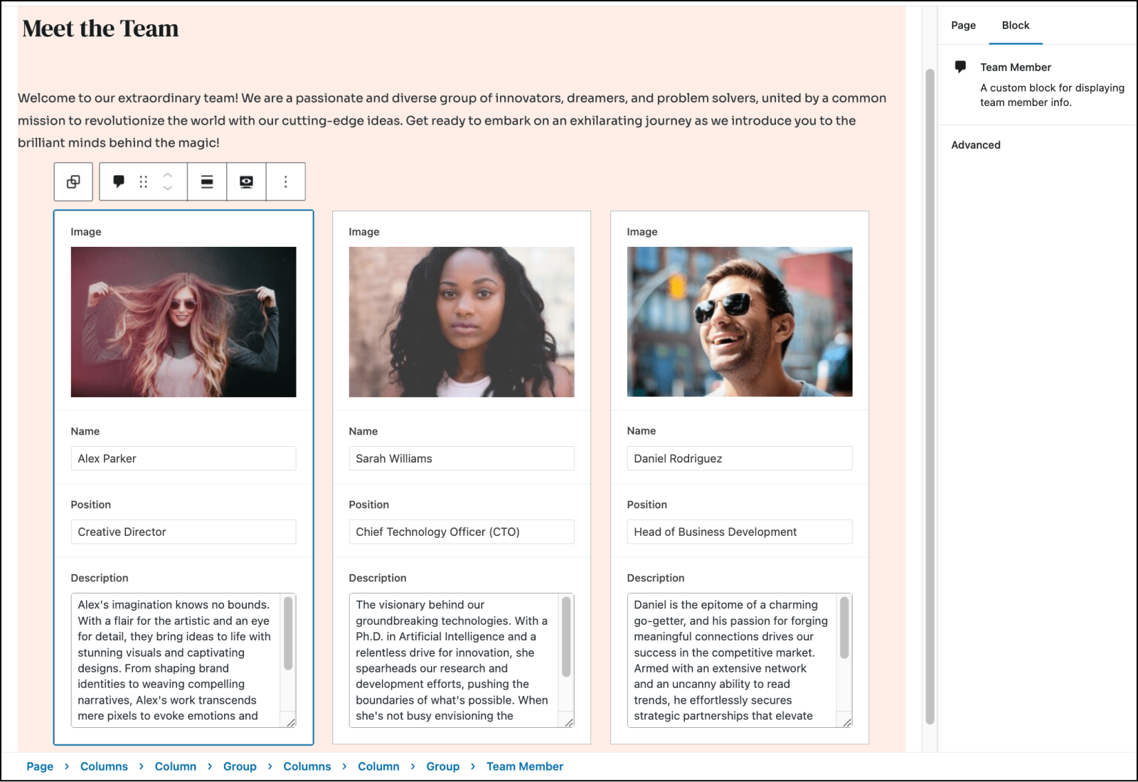 A view of the WordPress block editor showing a team member page using custom ACF Blocks. Three bios are shown, each with the fields described above.