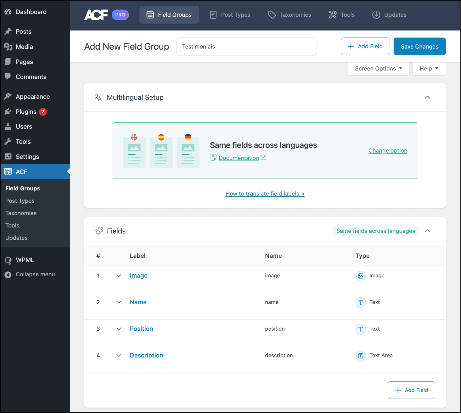 The ACF field group after “Same fields across languages translation option” has been selected.