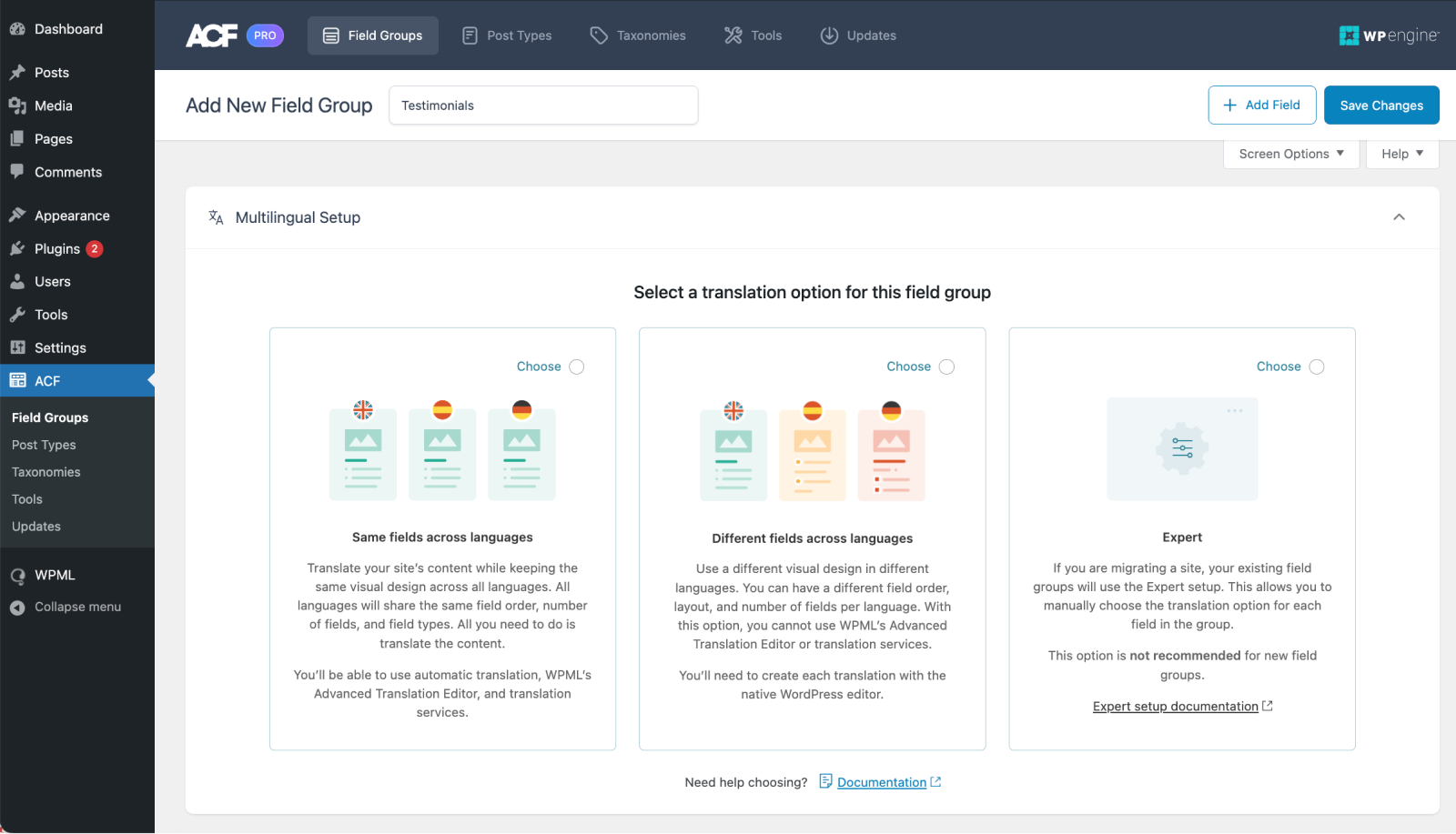 Selecting a translation option for your field group.