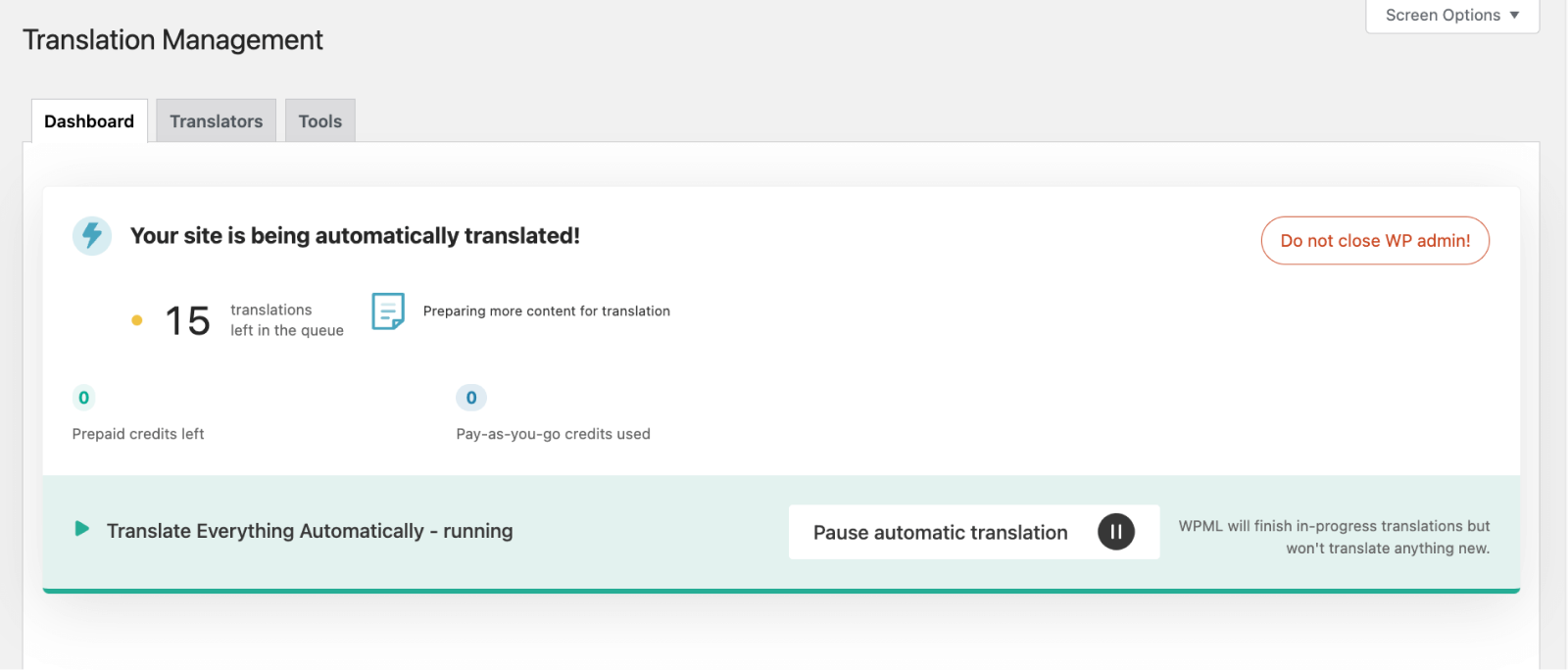 Monitoring the status of automatic translations in WPML, showing the number of translations left in the queue.