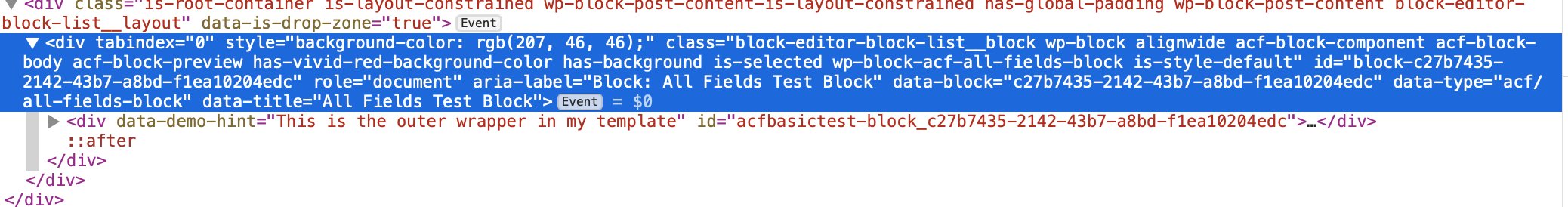 An example of the wrapper WordPress adds around your block in the block editor when using get_block_wrapper_attributes(). 