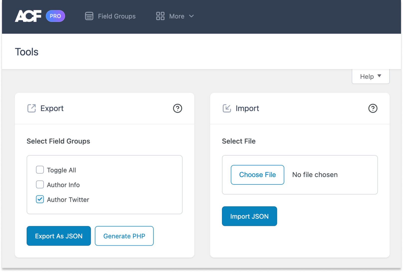 Exporting the PHP for a field group using ACF's built-in tools. 