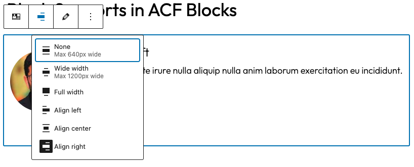 A block in the block editor, with supports set so it automatically aligns to the right.