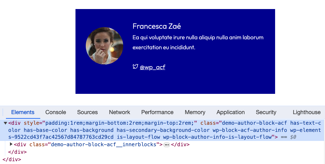 The output of an ACF Block, with a devtools panel showing the class and style being output in the block.