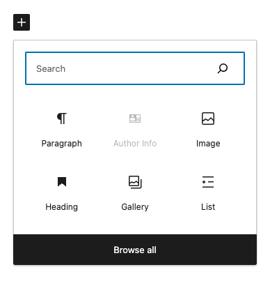 The block editor in WordPress, with the "Author Info" ACF Block greyed out to indicate it is already in the content and cannot be inserted again.