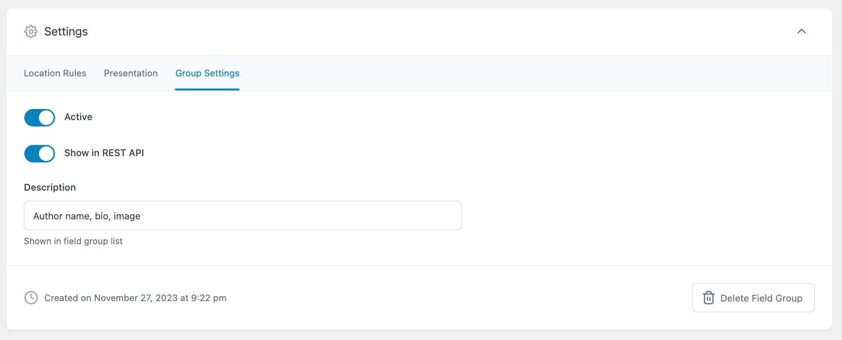The Group Settings tab for an ACF field group, with “Show in REST API” toggled on. 