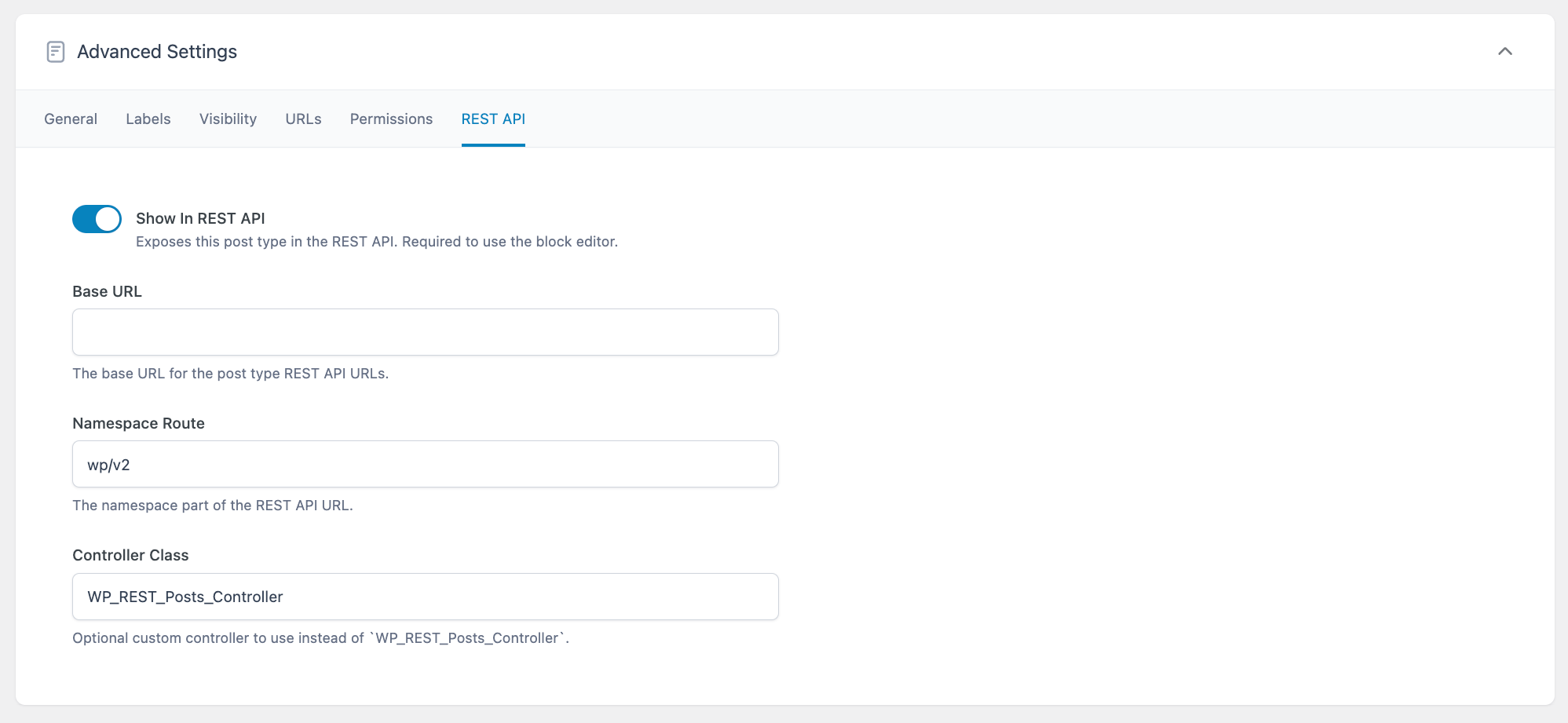 The ACF post type editor showing the default settings for showing a post type in the REST API.