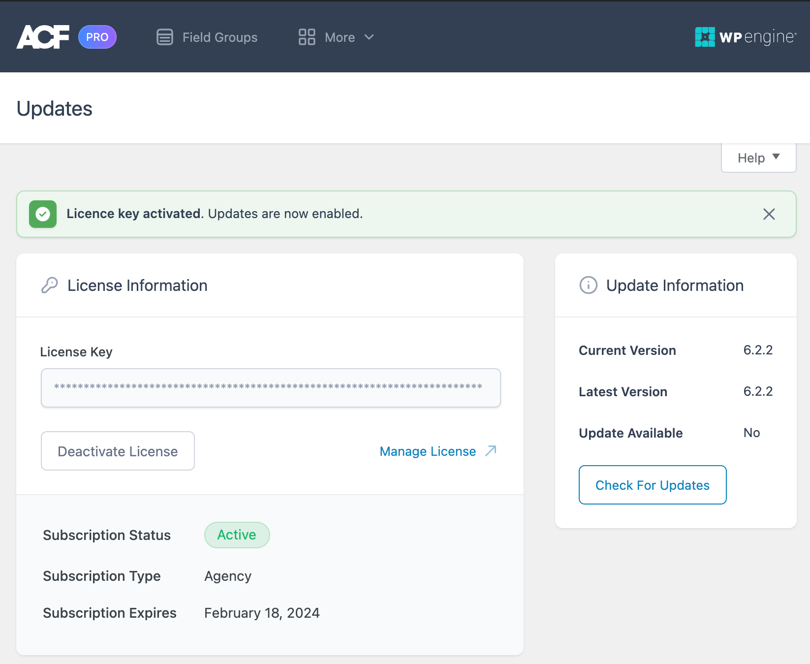 The Updates page in the ACF PRO plugin,  Licenses Tab showing where to input the license key.