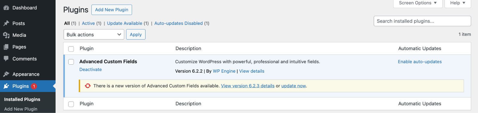The Plugins admin screen in WordPress, showing a new version of ACF is available and the "update now" button. 
