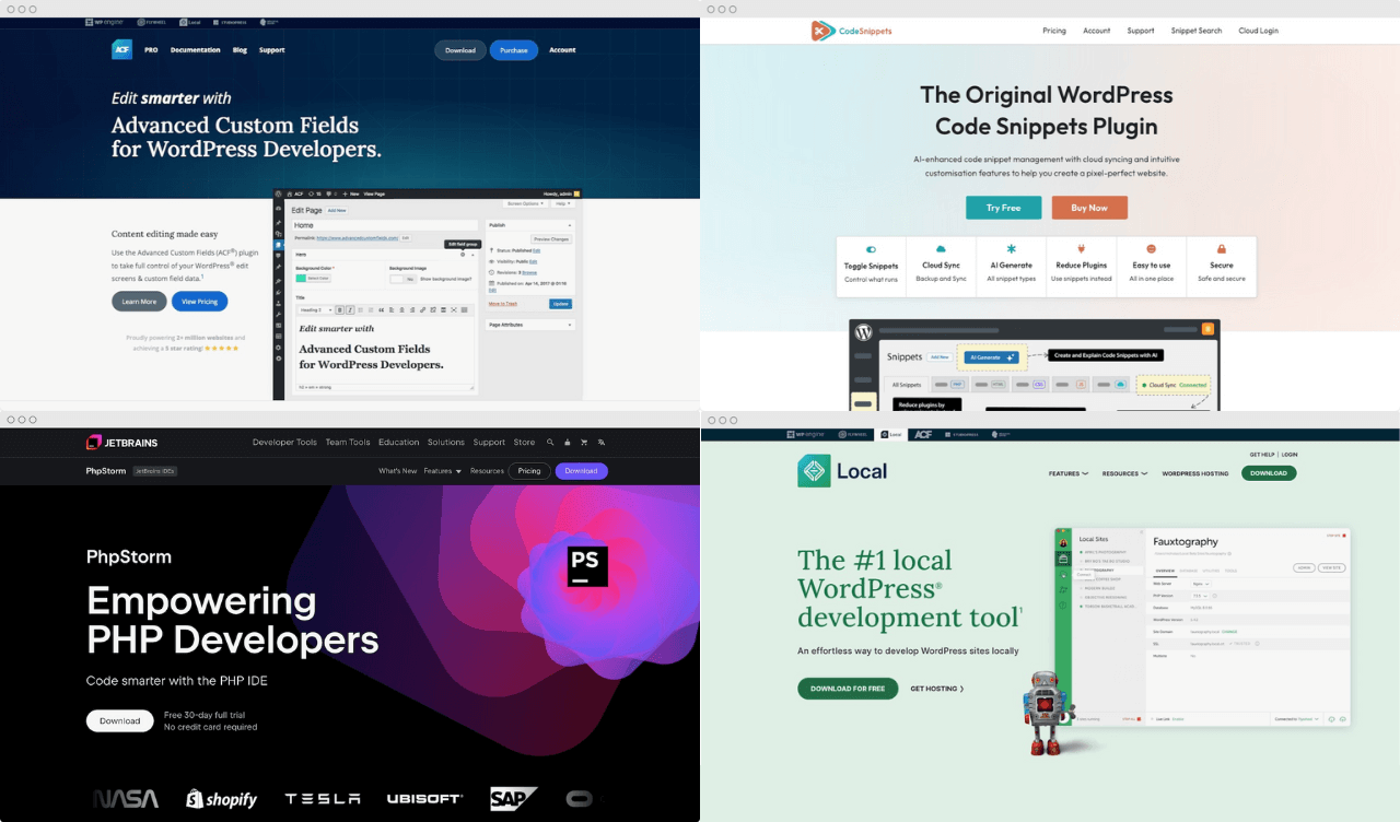 Four professional WordPress development tools – including Advanced Custom Fields – showing the homepage.