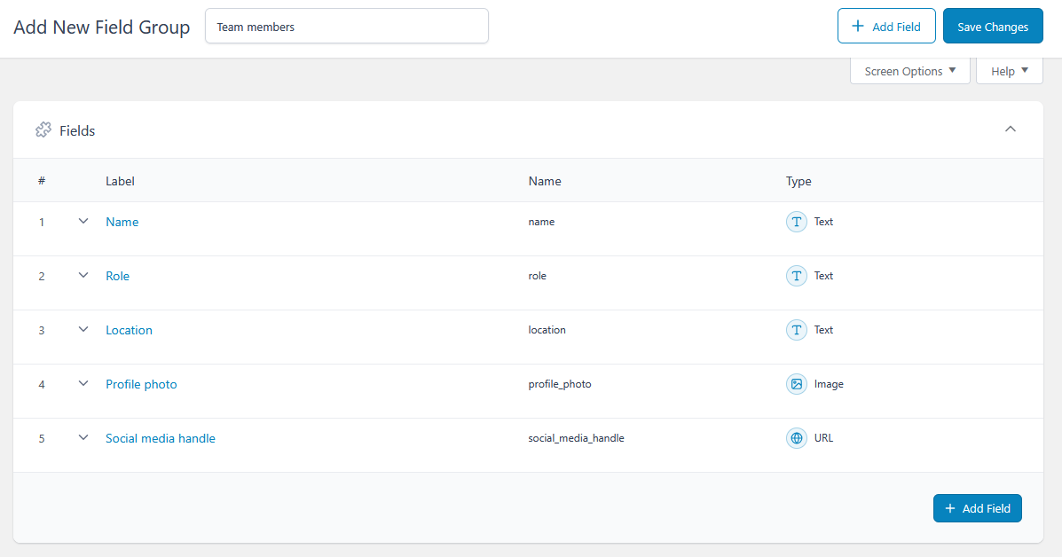A custom field group for team members’ details