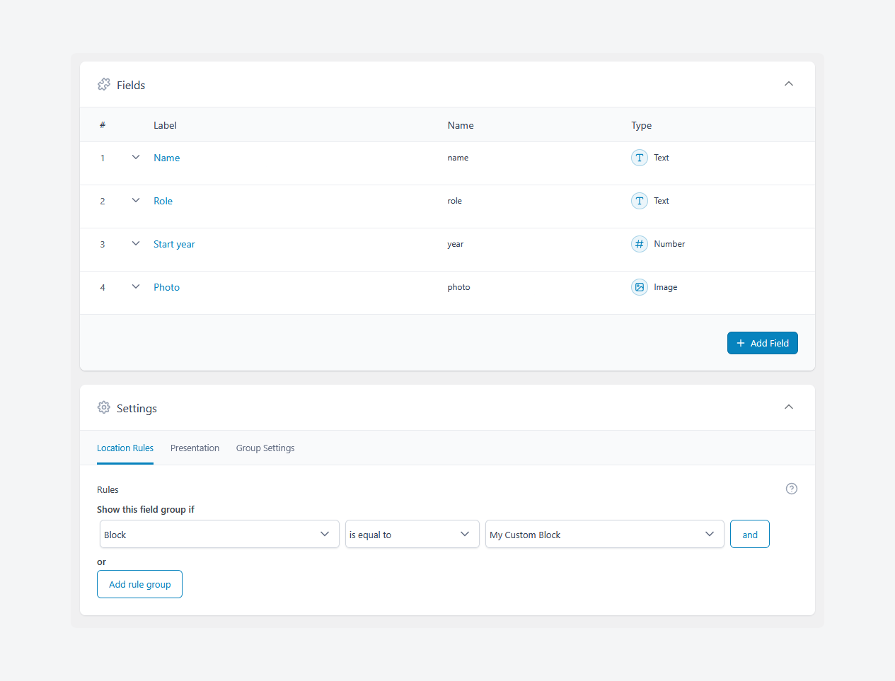 Connecting an ACF field group to a custom ACF Block