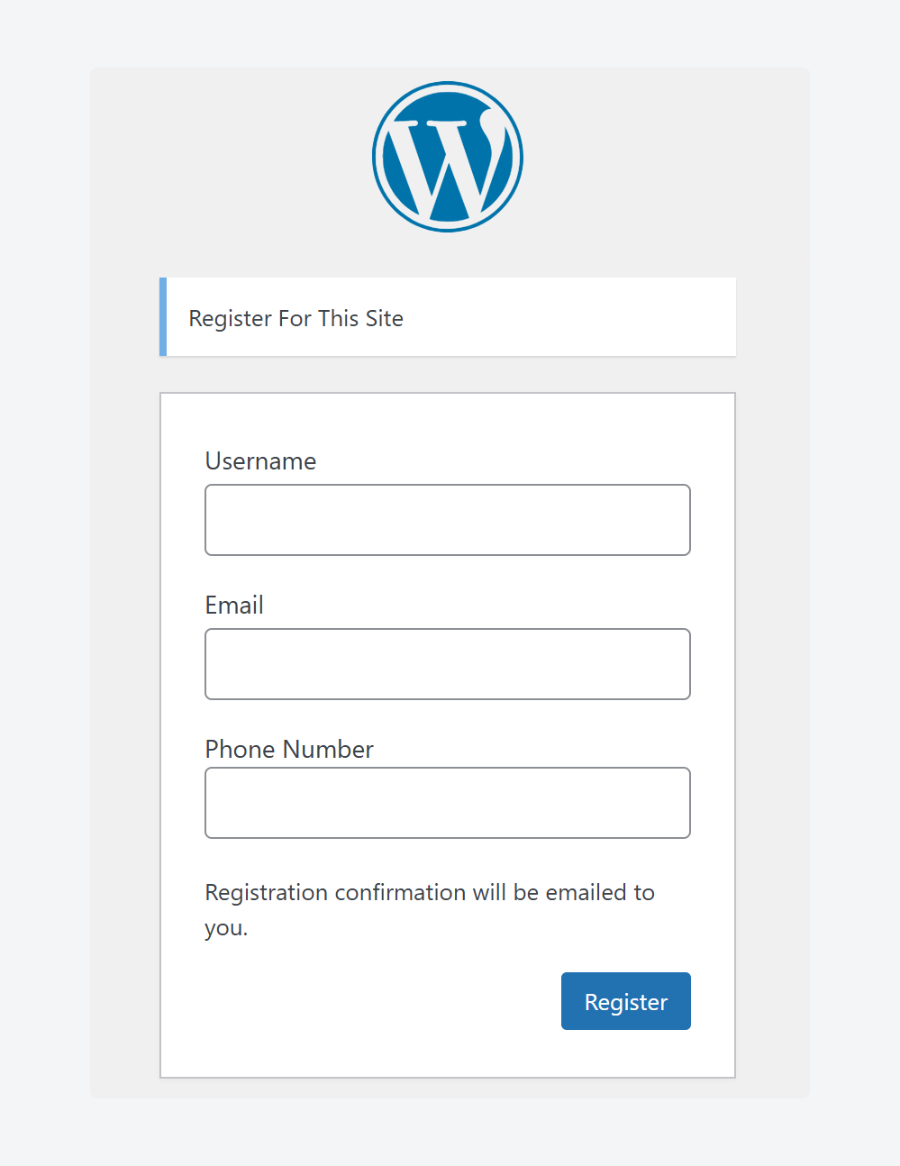 Custom form for WordPress registration showing username, email, and phone number form fields.