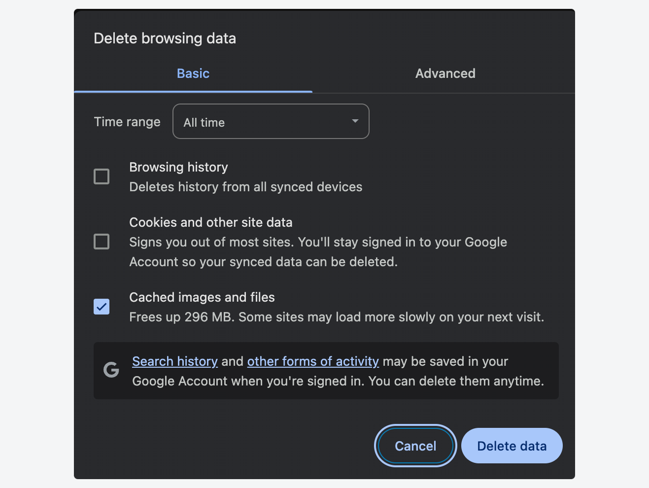Clearing Chrome browsing data