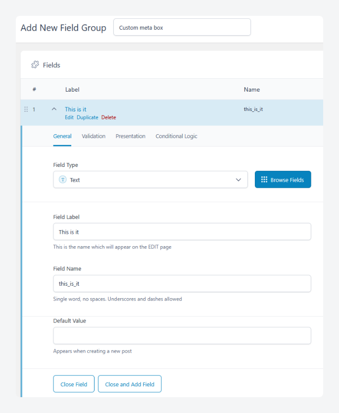 Creating a new custom field in ACF