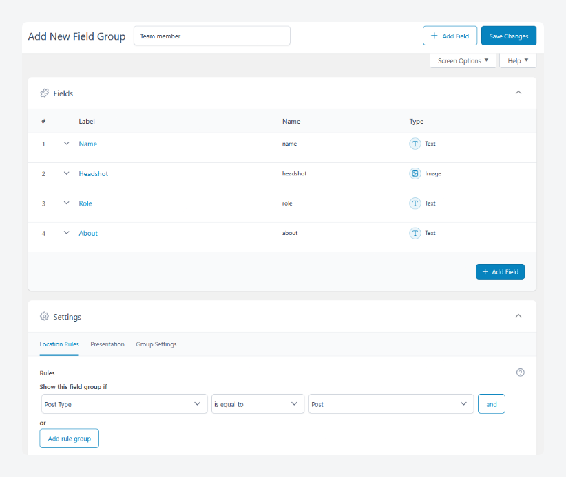 ACF field group settings