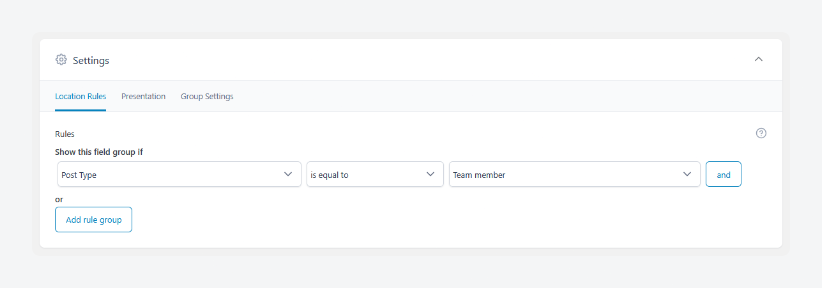 ACF field group location rules with custom post type
