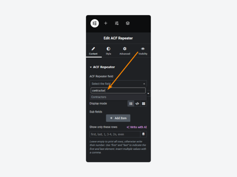 Assigning an ACF repeater field to the Elementor ACF repeater field widget