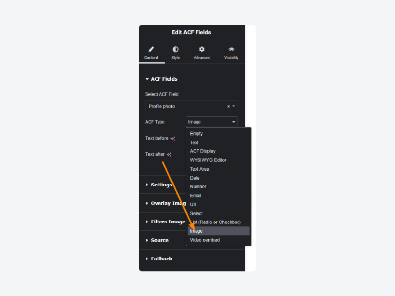 Choosing field content type for ACF in Elementor
