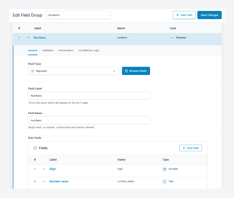 ACF repeater field settings