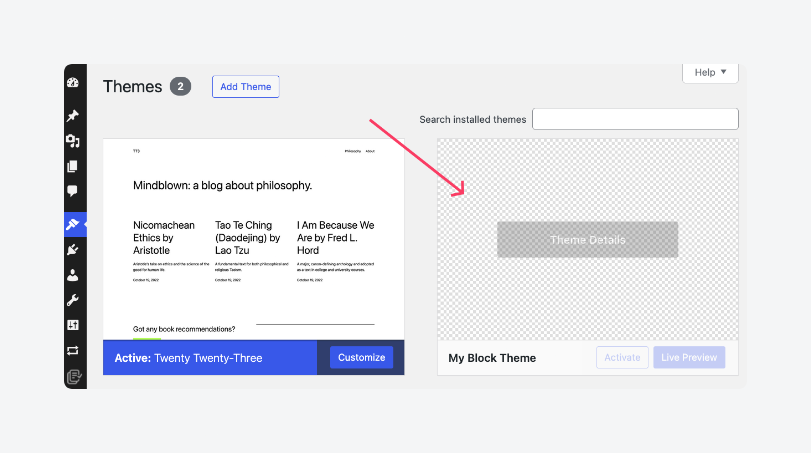 A custom WordPress block theme in the installed themes list