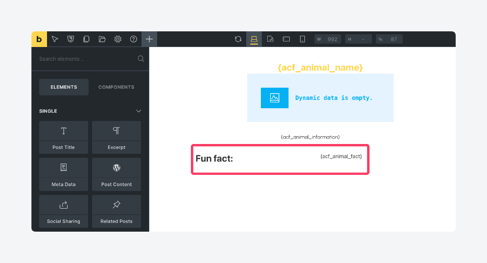Bricks Builder showing ACF animal fact field
