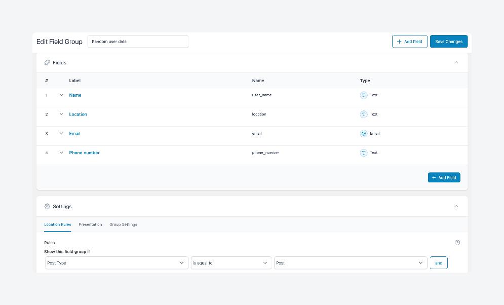 An ACF field group for user data from an API