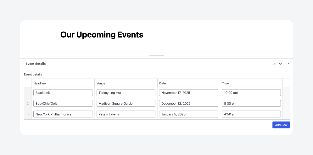 Filling in event details in ACF repeater field