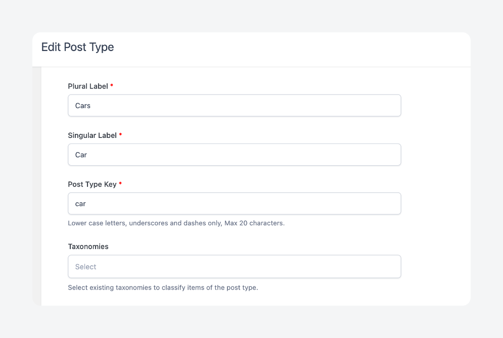 ACF cars custom post type settings