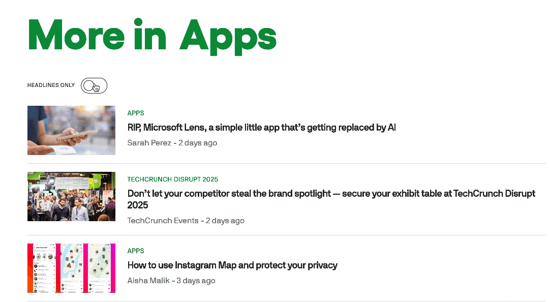 TechCrunch headlines only toggle