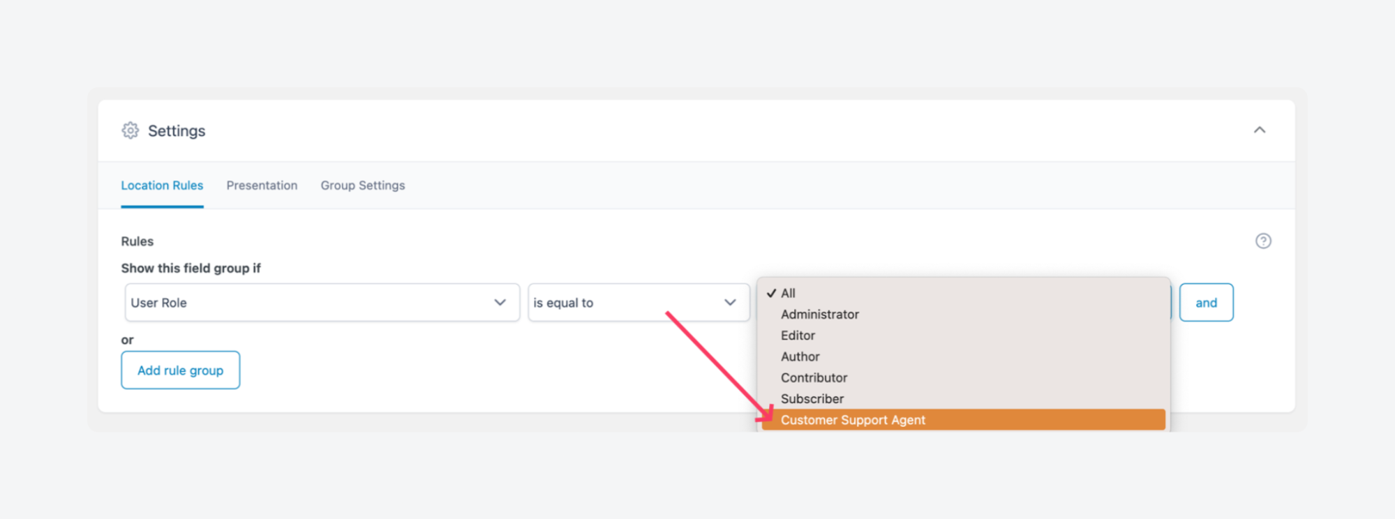 Custom user role in ACF location rules